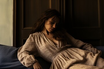Obraz premium Elegant and glamorous portrait of a young woman resting in a dark, luxurious interior