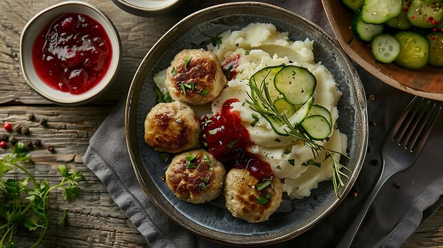 Swedish meatballs with lingonberry sauce, mashed potatoes, and pickled cucumbers