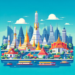 A flat vector skyline illustration design of Bangkok city in Thailand. Beautiful, modern and cultural city in Asia. Skyscrapers, religious architecture of the city. - obrazy, fototapety, plakaty