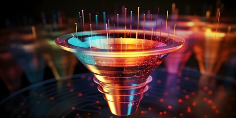 Digital marketing funnel holographically displaying live data and dynamic compositions with copy space. Concept Digital Marketing, Funnel Visualization, Live Data, Dynamic Compositions, Copy Space - obrazy, fototapety, plakaty