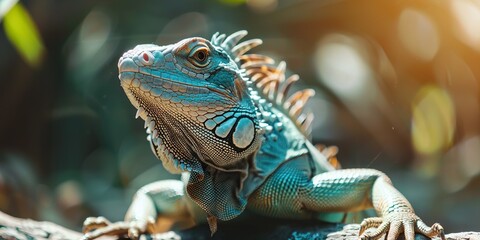Obraz premium A lizard basking in the sun, its scales detailed in a close-up shot , concept of Reptilian sunbathing behavior