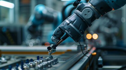Precision robotic arm actively working on an assembly line in a high-tech manufacturing plant.