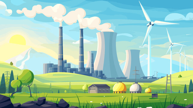Renewable energy with traditional power generation methods. It features a scene with a large power plant in the center