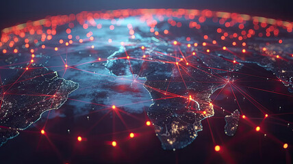 Digital communication network, glowing nodes connected globally, showcasing social medias vast reach