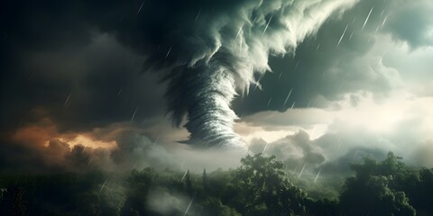 Tornado wreaking havoc with debris caught in its powerful funnel cloud. Concept Severe Weather, Natural Disasters, Tornado Damage, Devastation, Power of Nature - obrazy, fototapety, plakaty