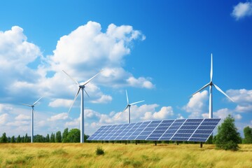Renewable energy in action. solar panels and wind turbines in urban and natural settings