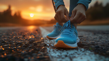 Close-up of a woman's hands tying running shoes, ready for a jog at dawn, emphasize determination and preparation. - obrazy, fototapety, plakaty