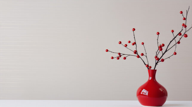 Still life photography of a red vase with red berries on a white table against a beige background.