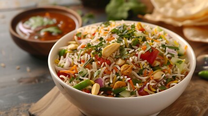 Indian bhel puri street snack made with puffed rice, chopped vegetables, and tangy chutneys