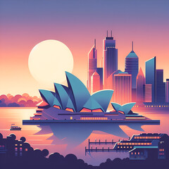 Naklejka premium A flat vector skyline illustration of Sydney, Australia. Beautiful aerial view of the the city, modern architecture, clean environment.