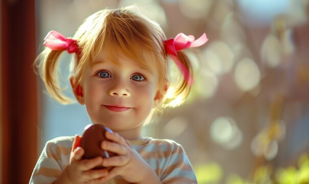 Lovely portrait of a cute, happy, smiling little girl holding a delicious chocolate Easter egg, traditional christian holiday symbol of Christ's resurrection, blond child with a smile and pigtails