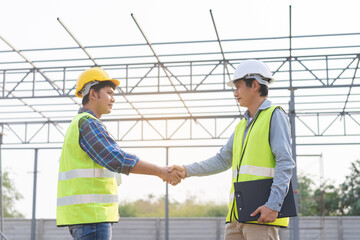 Engineer team building, teamwork contractor asian young man partnership, builder agreement...