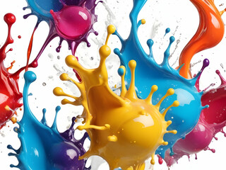 Colorful falling splashes with liquid drops on white background