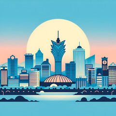 Macao city vector skyline. Chinese city flat vector illustration with famous buildings. Cityscape concept. - obrazy, fototapety, plakaty
