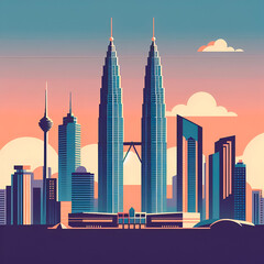 Kuala Lumpur Vector Skyline Illustration. Beautiful Petronas Twin Towers design with cityscape. - obrazy, fototapety, plakaty