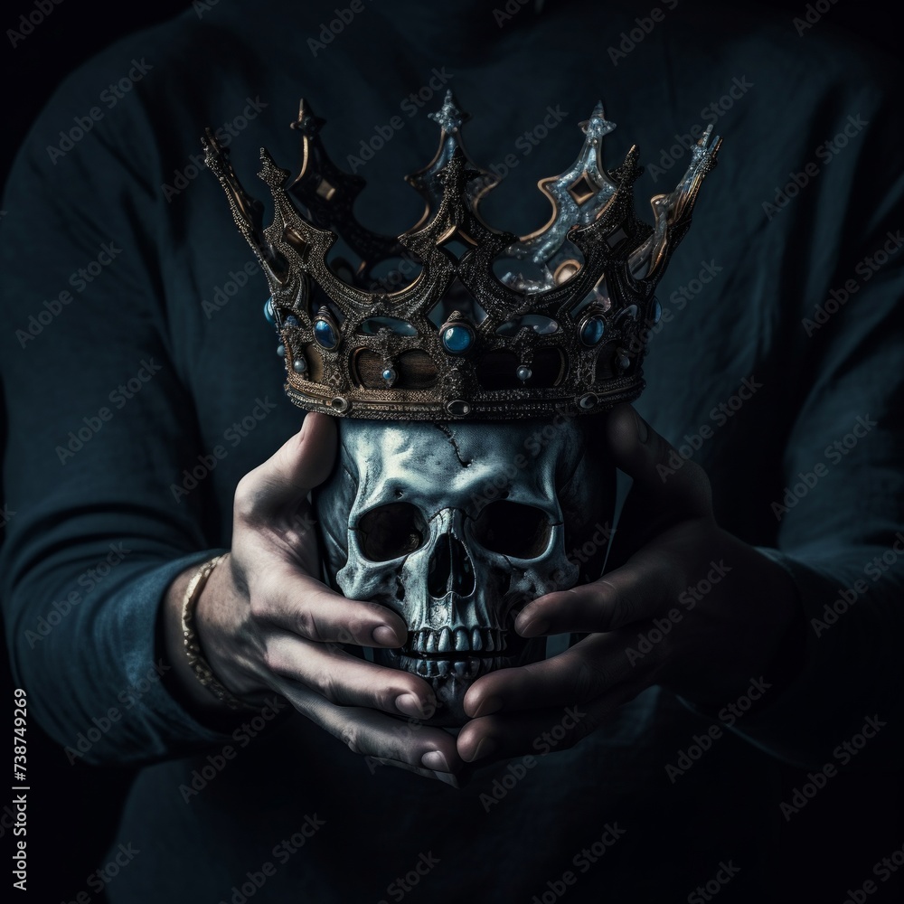 Poster hand holding a gold crown. Medieval period concept