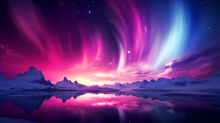 Fototapeta premium Northern lights over snowy mountains, coast, reflection in water at night