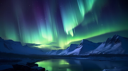 Naklejka premium Northern lights over snowy mountains, coast, reflection in water at night