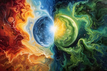 Colorful Abstract Cosmic Art with Swirling Galaxies and Bright Stars, Conceptual Space and Universe Painting