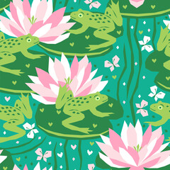 Vector seamless pattern with frogs and water lilies and flying butterflies over the pond - 738749620