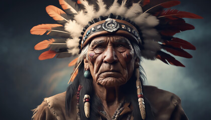 Portrait of an old Indian man. An Indian wearing war paint on a smoky grunge background. Native American people. AI generated