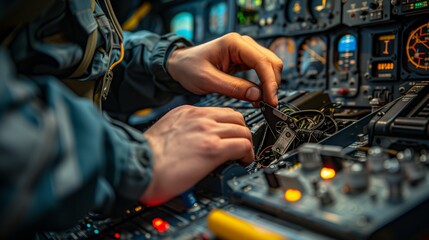 Close-up of Aviation engineer's hands performing precision maintenance on the complex wiring inside an airplane's cockpit. - obrazy, fototapety, plakaty