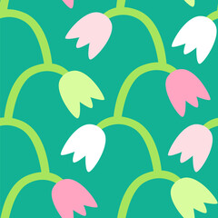 Vector seamless pattern with simple stylized tulips on a bright green background - 738749828