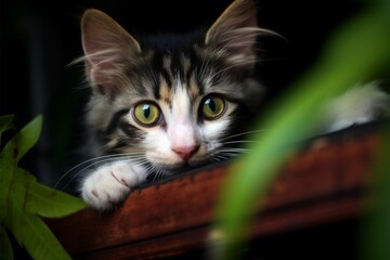 Adorable kitten with beautiful green eyes, in a relaxed playful pose