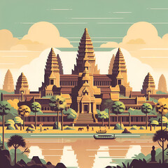 A flat vector illustration of Angkor Wat. A Hindu-Buddhist temple complex in Cambodia. Cambodian religious architecture.