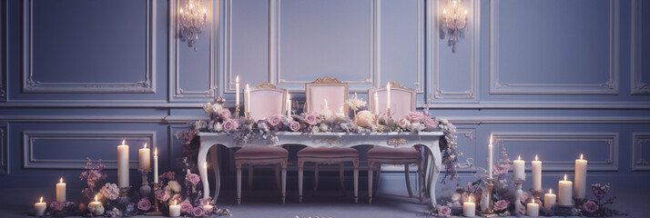 Fine dinning table with pink chairs and white table set for two in a blue room - obrazy, fototapety, plakaty