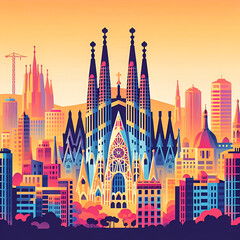 Basilica de la Sagrada Familia vector illustration skyline. Barcelona, Spain monument skyline. - obrazy, fototapety, plakaty