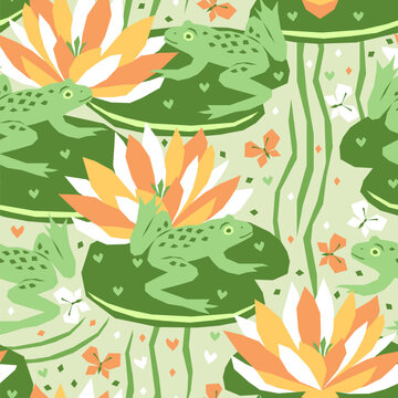 Vector seamless pattern with frogs and water lilies and flying butterflies over the pond