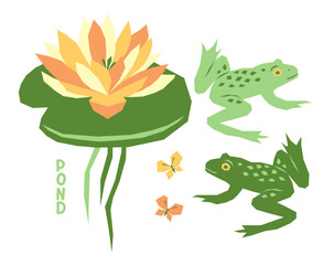 The set of stickers on the theme of pond, water lily, frogs, butterflies. - 738750287