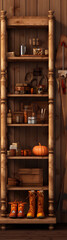 A wooden shelf with various objects on it, including a pumpkin, some books, and a pair of shoes.