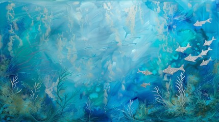 Iridescent Blue Underwater Oil Painting Background - obrazy, fototapety, plakaty