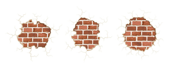 Holes in broken wall and old bricks. Vector cracks in wall  set. Cartoon flat illustration.