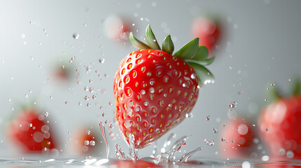 Juicy red strawberry splashing in water with droplets.