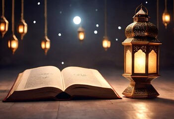 Ramadan kareem with Holy Quran and lantern lit.AI generated
