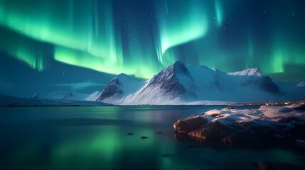Northern lights over snowy mountains, coast, reflection in water at night