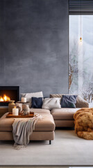 Warm minimal living room interior with fireplace, sofa and winter landscape