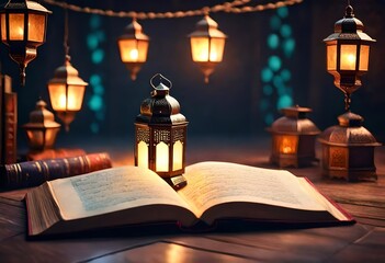 Ramadan kareem with Holy Quran and lantern lit.AI generated
