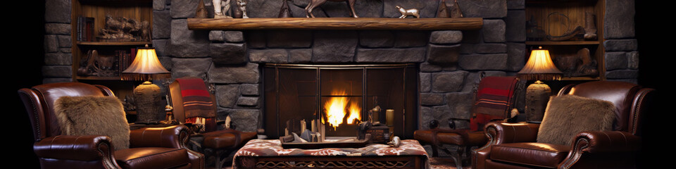 Two brown leather chairs in front of a stone fireplace with burning logs and mantel