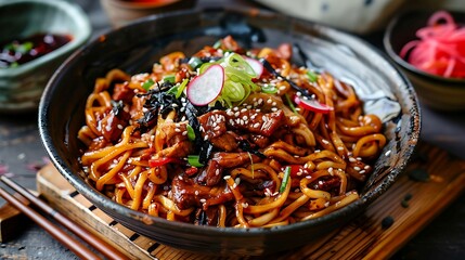Korean jjajangmyeon noodles with black bean sauce, pork, and vegetables, served with pickled radish - obrazy, fototapety, plakaty