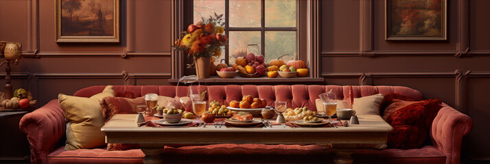 Elegant dinning room with red velvet sofa, wooden table set for dinner and autumn decor.