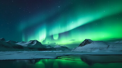 Northern lights over snowy mountains, coast, reflection in water at night