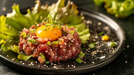 Korean yukhoe beef tartare with Asian pear, egg yolk, sesame oil, and gochujang, served with lettuce wraps - obrazy, fototapety, plakaty