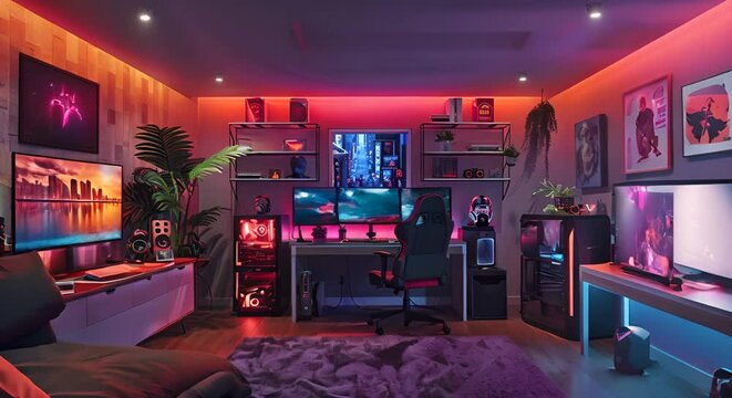 3D rendering of a gaming room in a modern house with neon lights