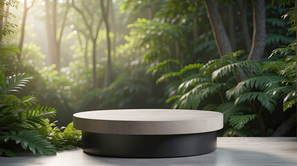 nature Podium display stage with natural stone and tropical leaf for presentation background