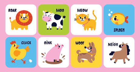 Set of cute cartoon Animals making sounds. Education cards for baby. Animal Talk Cards. Onomatopoeia