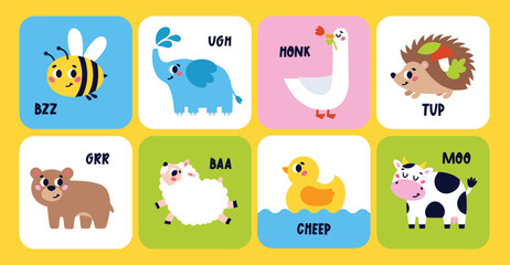 Set of cute cartoon Animals making sounds. Education cards for baby. Animal Talk Cards. Onomatopoeia